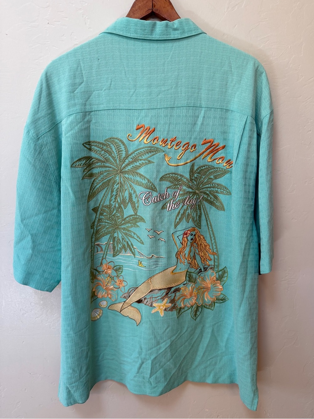 Montego Mon Sz XL Turquoise 100% Silk Short Sleeve Embroidered Hawaii Shirt READ